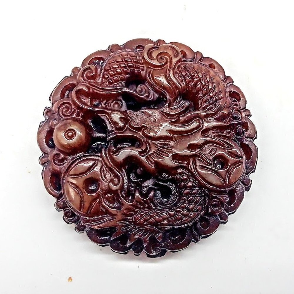 Vintage Chinese Carved Dragon Brown Stone Round Pendant